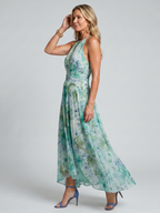 Portia™ Pleated Halter Soft Floral Pattern Midi Dress