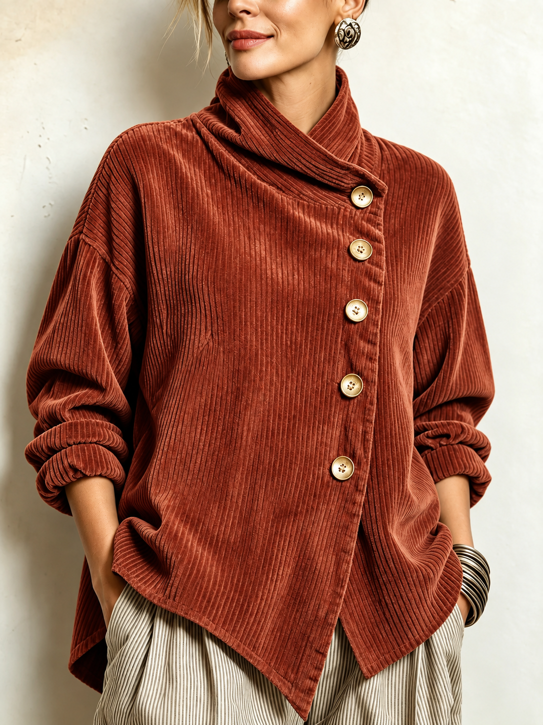 Gwyneth | Corduroy Wrap-Collar Button Top