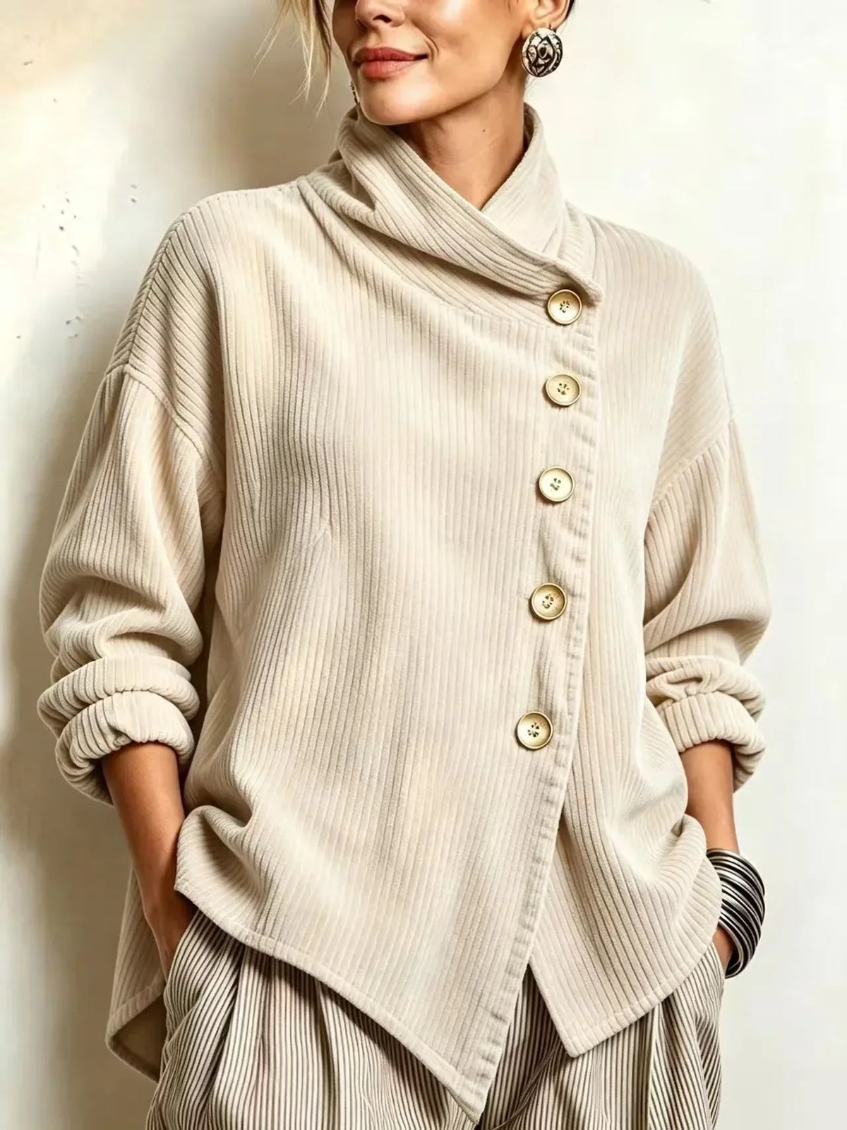 Gwyneth | Corduroy Wrap-Collar Button Top