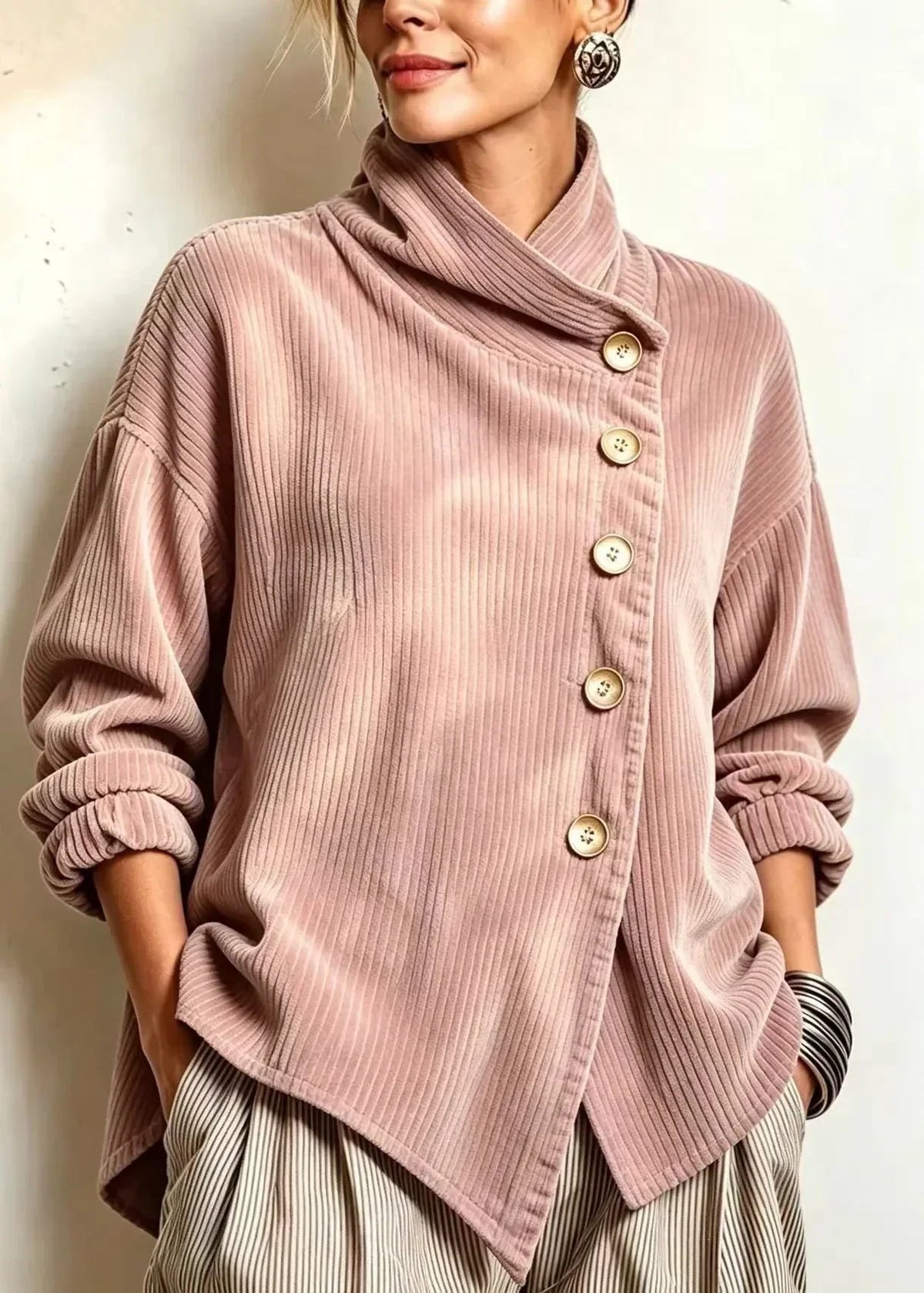 Gwyneth | Corduroy Wrap-Collar Button Top