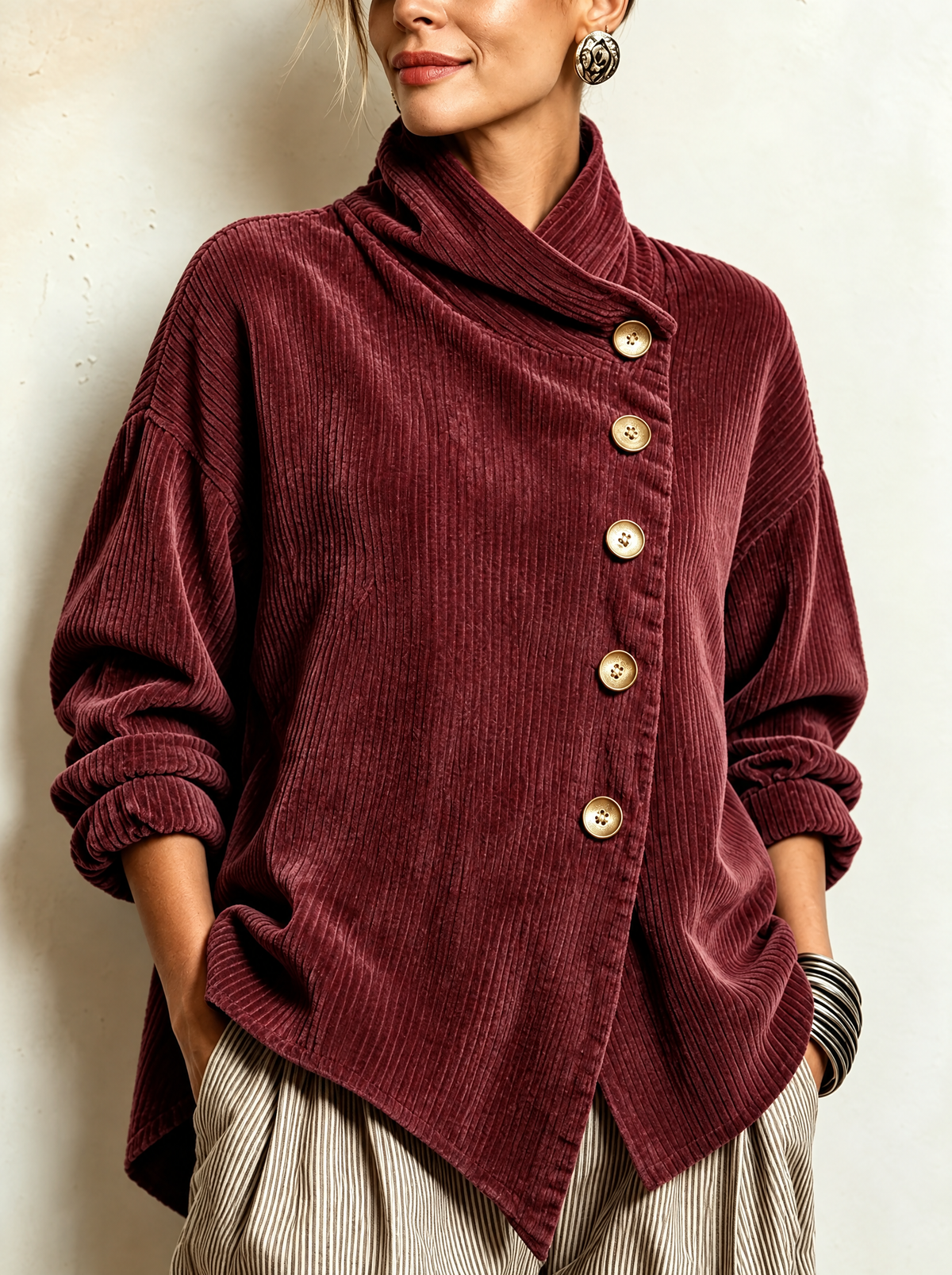 Gwyneth | Corduroy Wrap-Collar Button Top