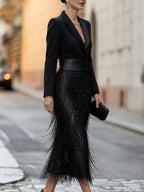 Loredana | Black Blazer-Style Midi Dress with Sequins and Fringe