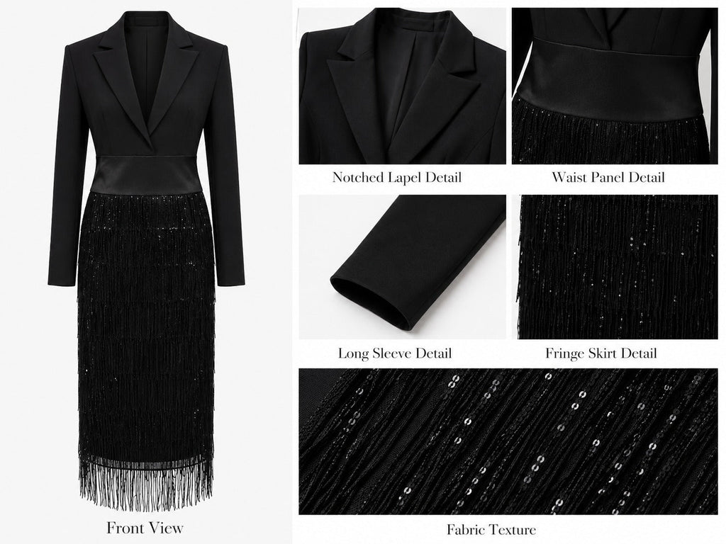 Loredana | Black Blazer-Style Midi Dress with Sequins and Fringe