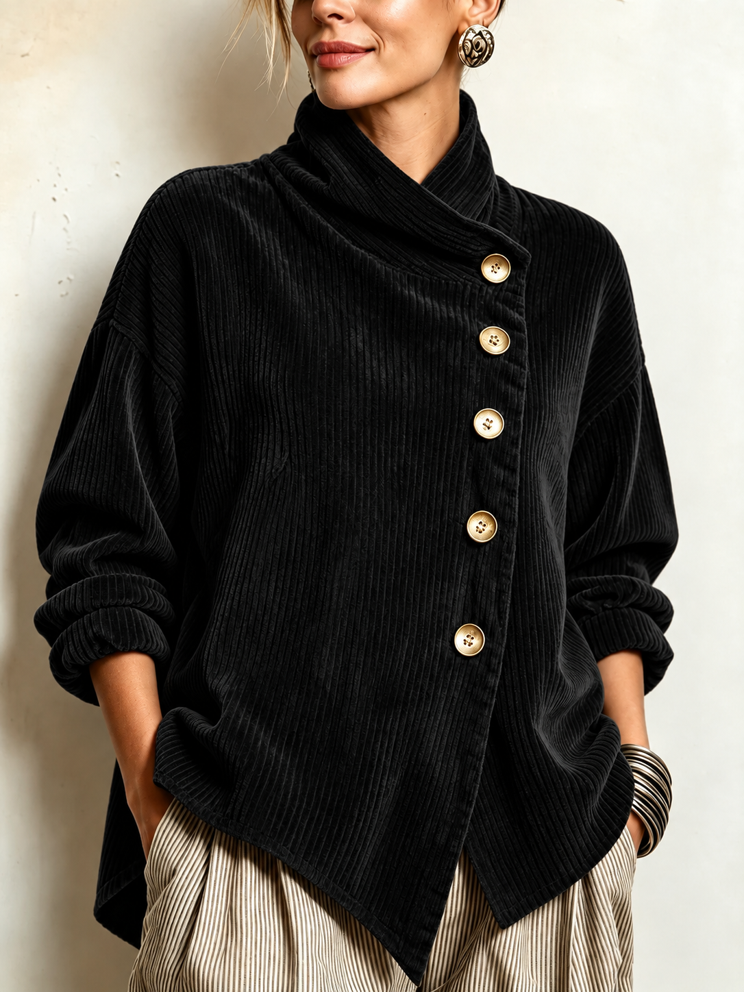 Gwyneth | Corduroy Wrap-Collar Button Top