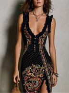 Héloïse™ | Bohemian Style Printed Dress with Deep V-Neck and High Split