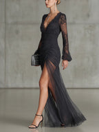Eloise™ | Lace Ruffle Sheer Long Sleeve Split Maxi Dress