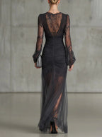 Eloise™ | Lace Ruffle Sheer Long Sleeve Split Maxi Dress