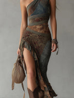 Cosette™ | Ethnic Style Printed Maxi Dress with One Shoulder and High Split
