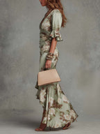 Léonie™ | Floral Ruffle Bell Sleeve V-Neck Satin Asymmetrical Maxi Dress
