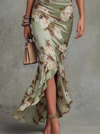 Léonie™ | Floral Ruffle Bell Sleeve V-Neck Satin Asymmetrical Maxi Dress