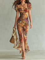 Colette™ | Bohemian Vacation Oil Painting Print Chiffon Maxi Dress