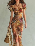 Colette™ | Bohemian Vacation Oil Painting Print Chiffon Maxi Dress