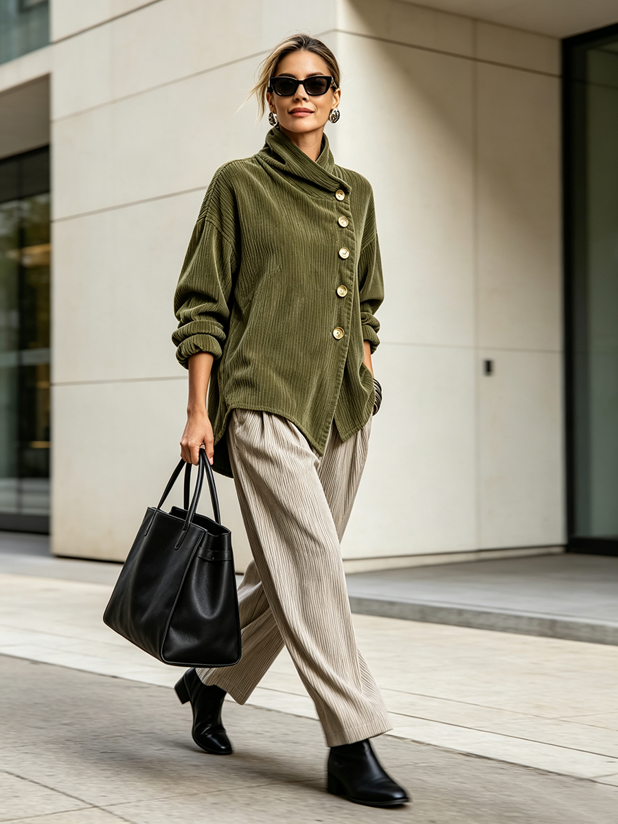Gwyneth | Corduroy Wrap-Collar Button Top