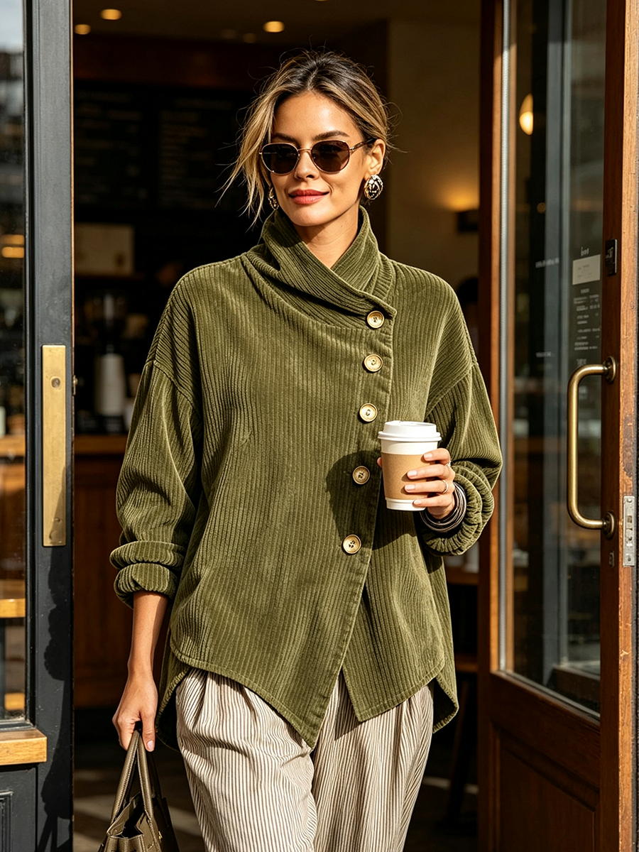 Gwyneth | Corduroy Wrap-Collar Button Top