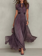 Valentine™ | Keyhole Neckline Chiffon Lace Trim Maxi Dress