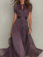 Valentine™ | Keyhole Neckline Chiffon Lace Trim Maxi Dress