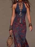 Béatrice™ | Retro Lace Halter Neck Floral Fishtail Maxi Dress