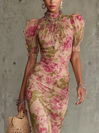 Océane™ | Vintage Rose Print Maxi Dress with Puff Sleeves (Accessories not included)