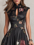 Rosalie™ | Keyhole Collar Floral Pleated Satin Midi Dress