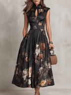 Rosalie™ | Keyhole Collar Floral Pleated Satin Midi Dress