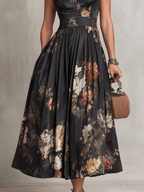 Rosalie™ | Keyhole Collar Floral Pleated Satin Midi Dress