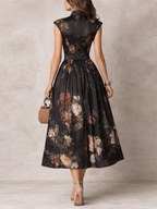 Rosalie™ | Keyhole Collar Floral Pleated Satin Midi Dress